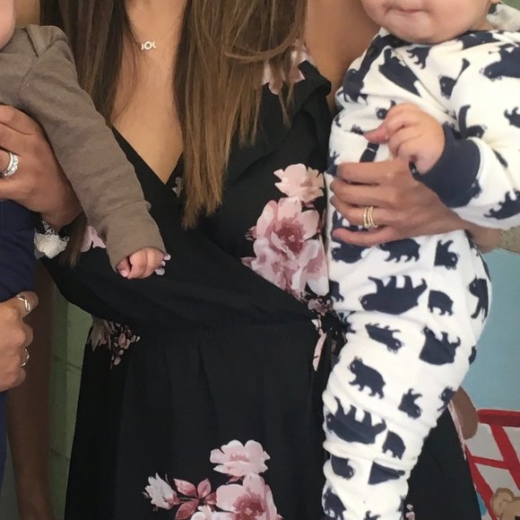 Black and Pink Floral Faux Wrap Dress - Picture 2 of 16